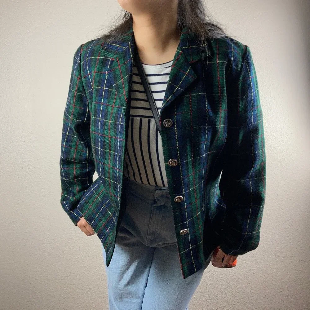 y2k Sag Harbor Green & Blue Tartan Blazer - M - Picture 2 of 5